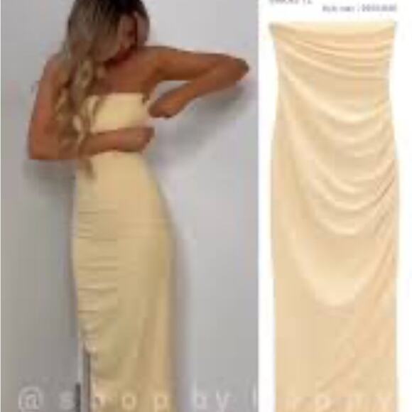 Zara Pale Yellow Ruched Strapless Midi Dress - Picture 2 of 4